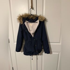 Copper Key Navy Puffer Jacket with Faux Fur Hood